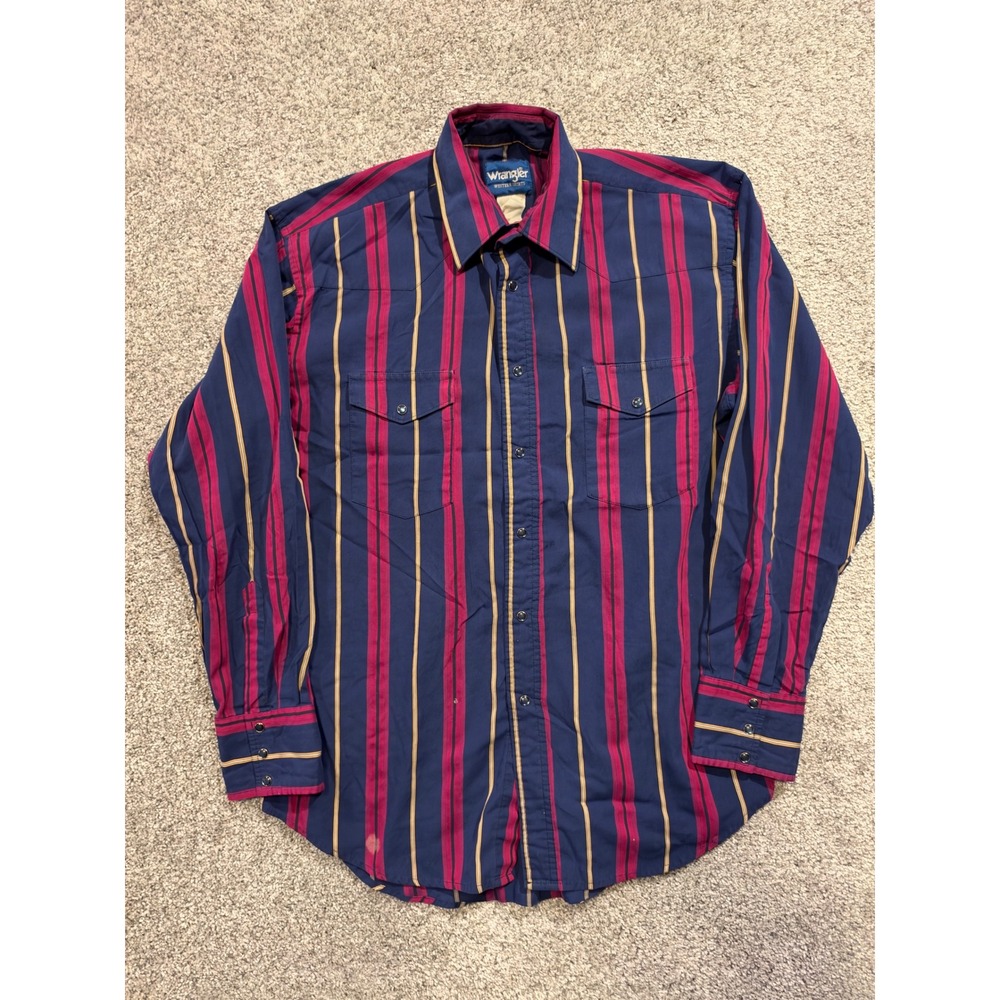 Wrangler Western Shirt Men L* Blue Burgundy Striped Pearl Snap Long Sleeve Yoke*